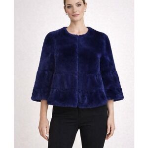 Luxe Blue Faux Fur Tiered Jacket Womens Collarless Snap Front Leather Trim Sz XS